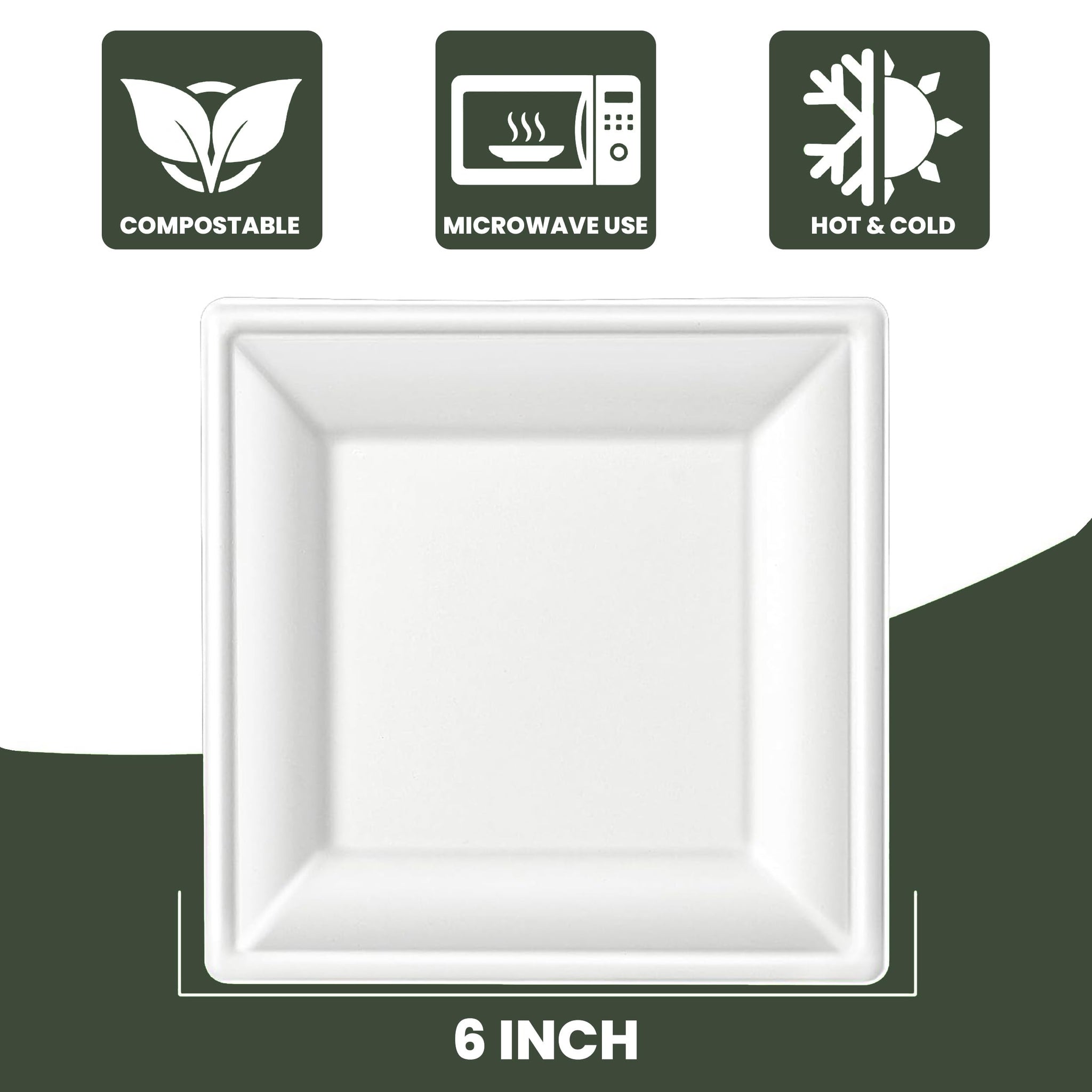 FPN Compostable Square Plates 6 Inch 125 Pack Heavy Duty Disposable Plates | Sugarcane Biodegradable Eco Friendly Dinnerware for Hot & Cold Food