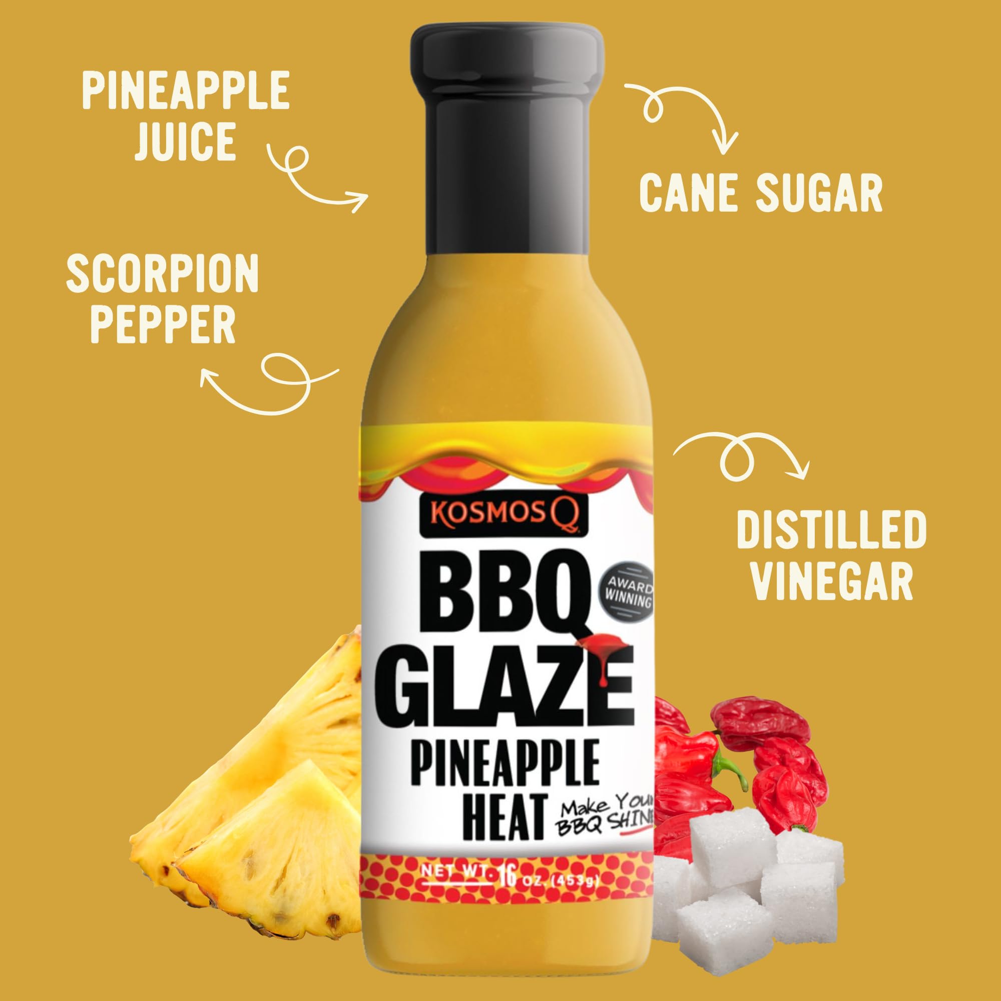 Kosmos Q Pineapple Heat BBQ Glaze, Sweet and Spicy Glaze for Ribs, Chicken, Pork, and Brisket, Thick Competition-Style BBQ Glaze with Real Pineapple
