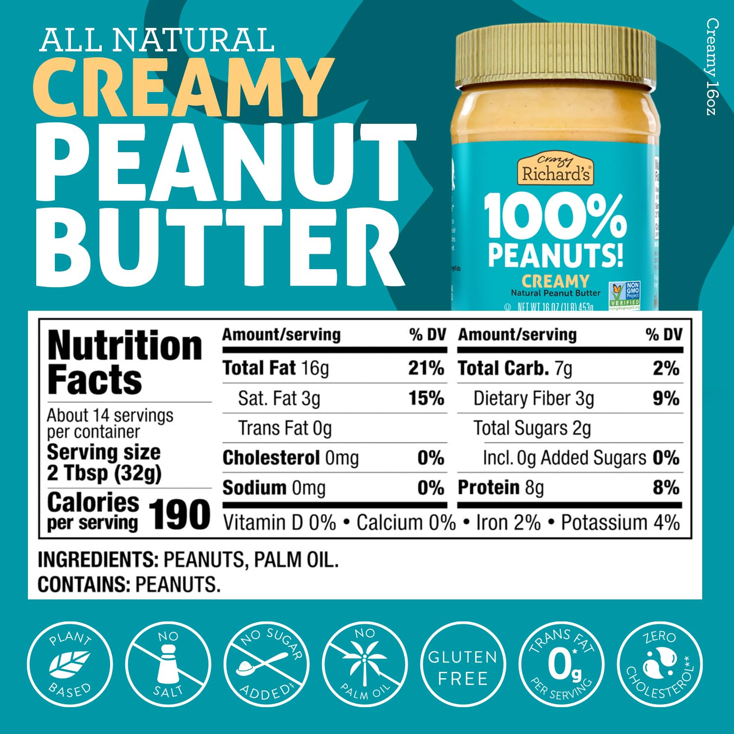 Crazy Richard's 100% All-Natural Vegan Creamy & Crunchy Peanuty Butter with No Added Sugar and Non-GMO Variety Pack (16 Ounce, Pack of 4)
