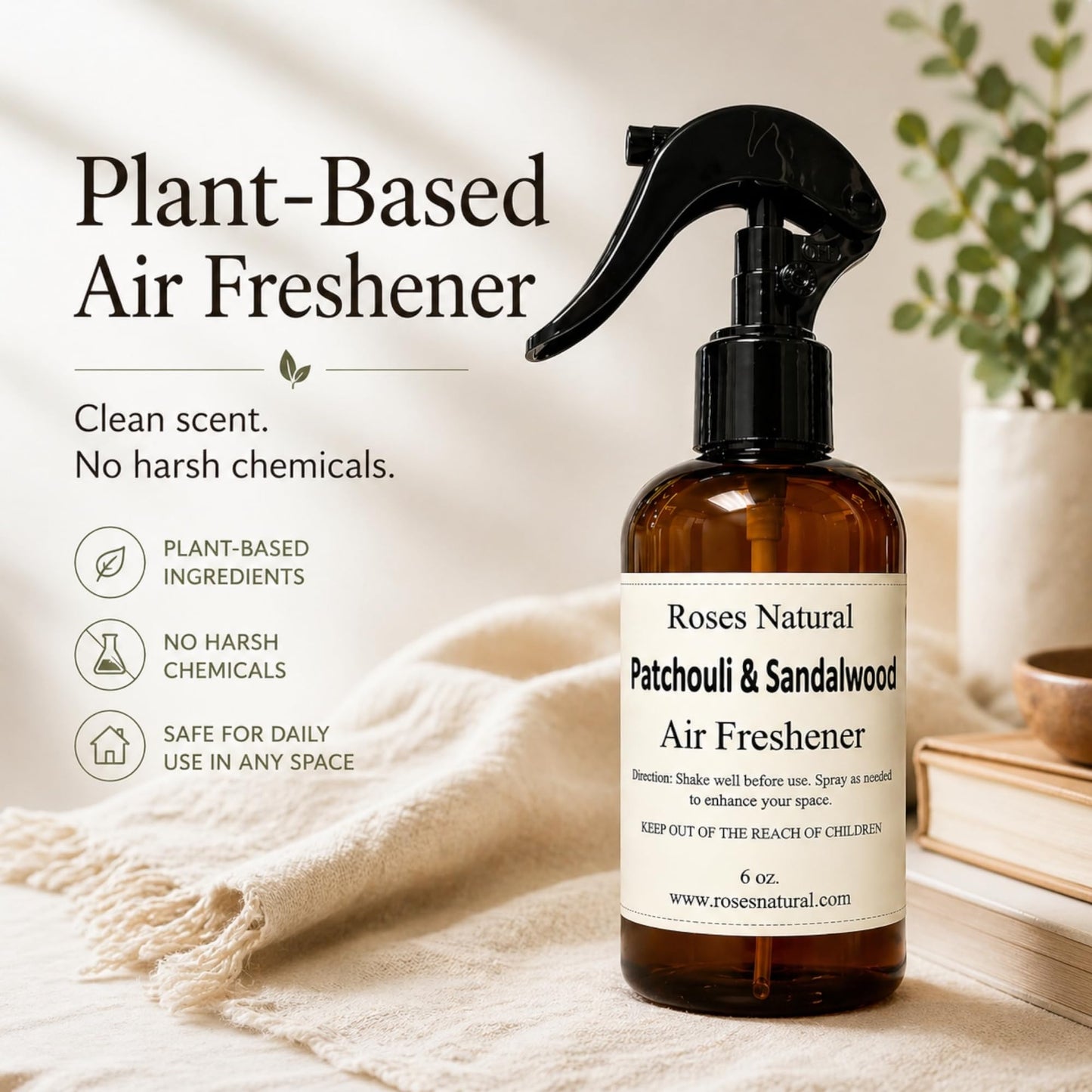 Roses Natural Patchouli & Sandalwood Air Freshener, 6 oz - Essential Oil Room & Linen Spray, Warm Musky Woody Scent, Long-Lasting Home Fragrance, Made