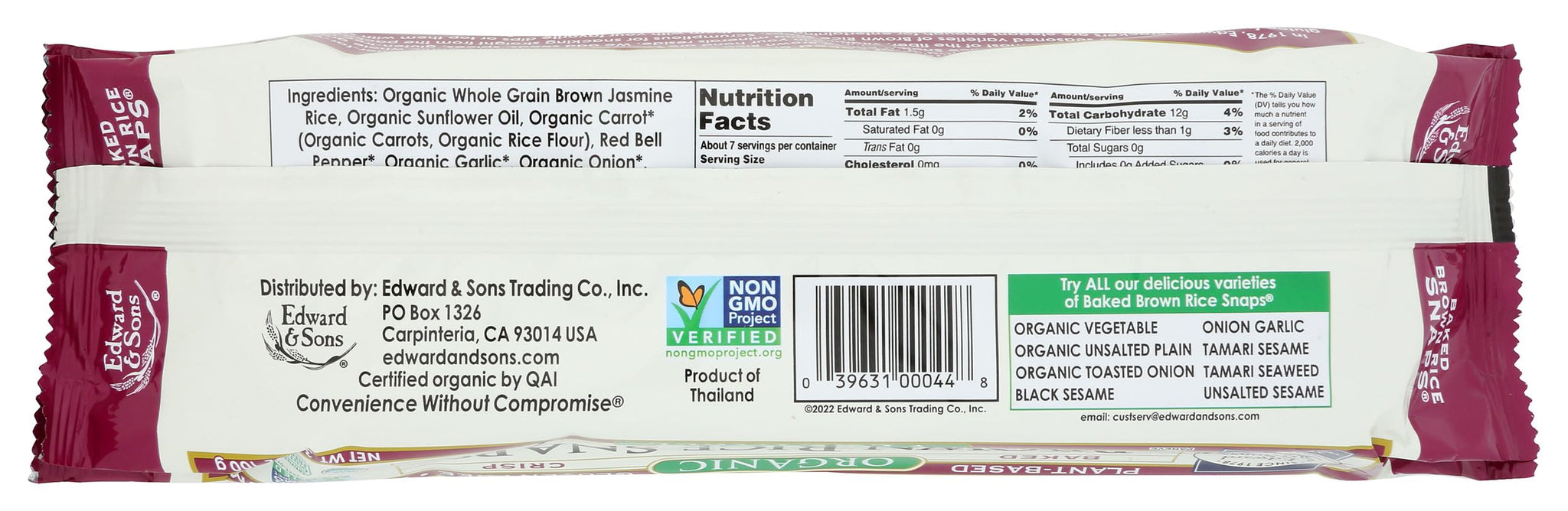 Edward & Sons, Organic Brown Rice Snaps Crackers, Vegetable, 3.5 oz