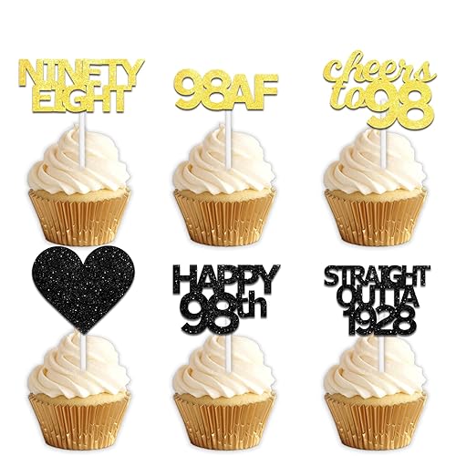 18pcs Black Gold Glitter Dessert Cupcake Pick for Straight Outta 1928 Cheer to 98 Years Old Theme Decor Supplies Happy 98th Birthday Party Decoration