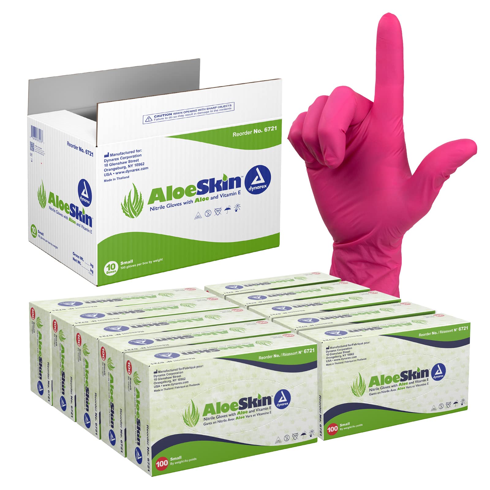 Dynarex Aloeskin Nitrile Gloves with Aloe, Powder Free - Small, 100 Gloves/10 Boxes, 1000 Count (Pack of 10)