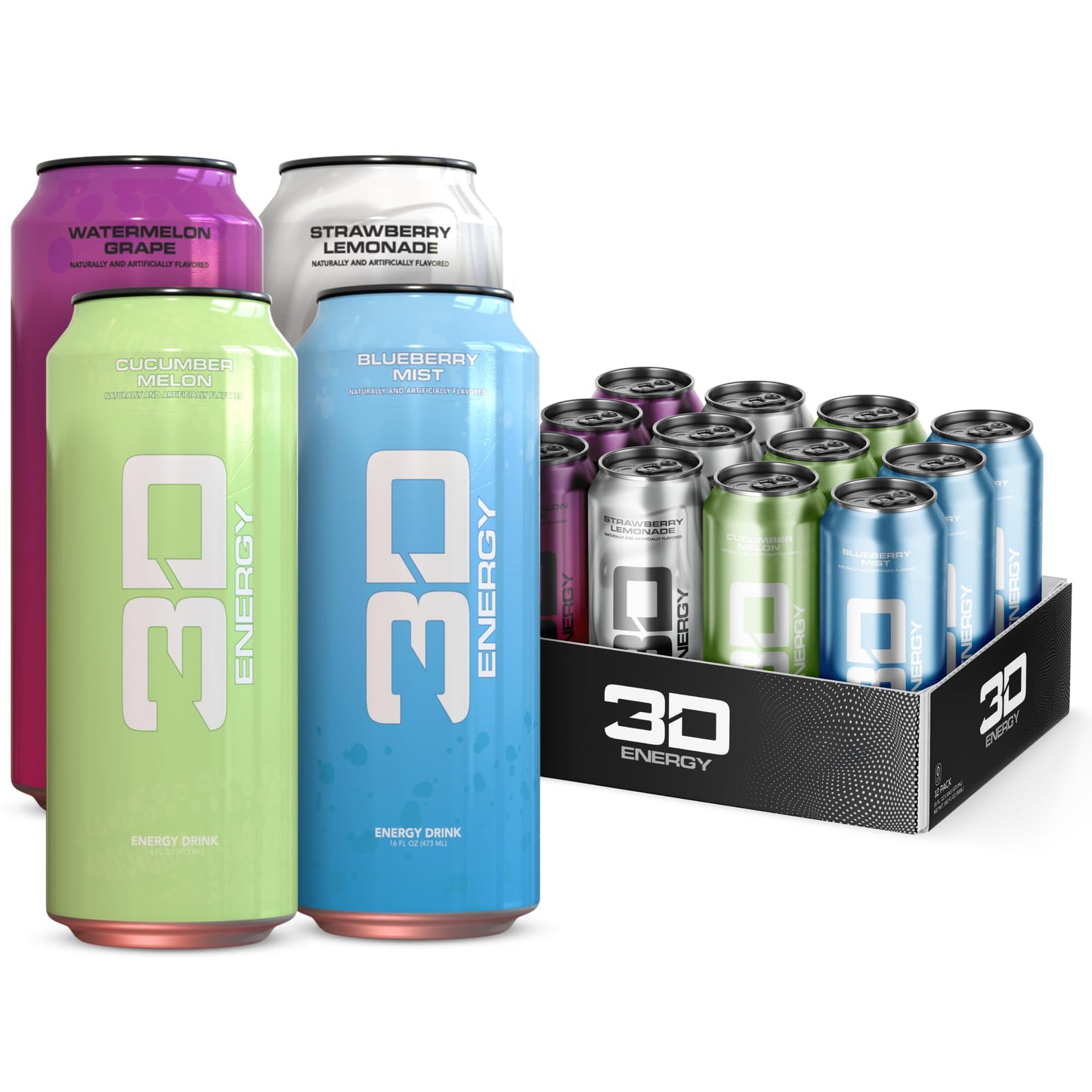 3D Sugar-Free Energy Drinks, Variety Pack - Clean Energy Drink with 200mg Caffeine, Taurine & L-Carnitine - Pre Workout Fitness Drink for Gym