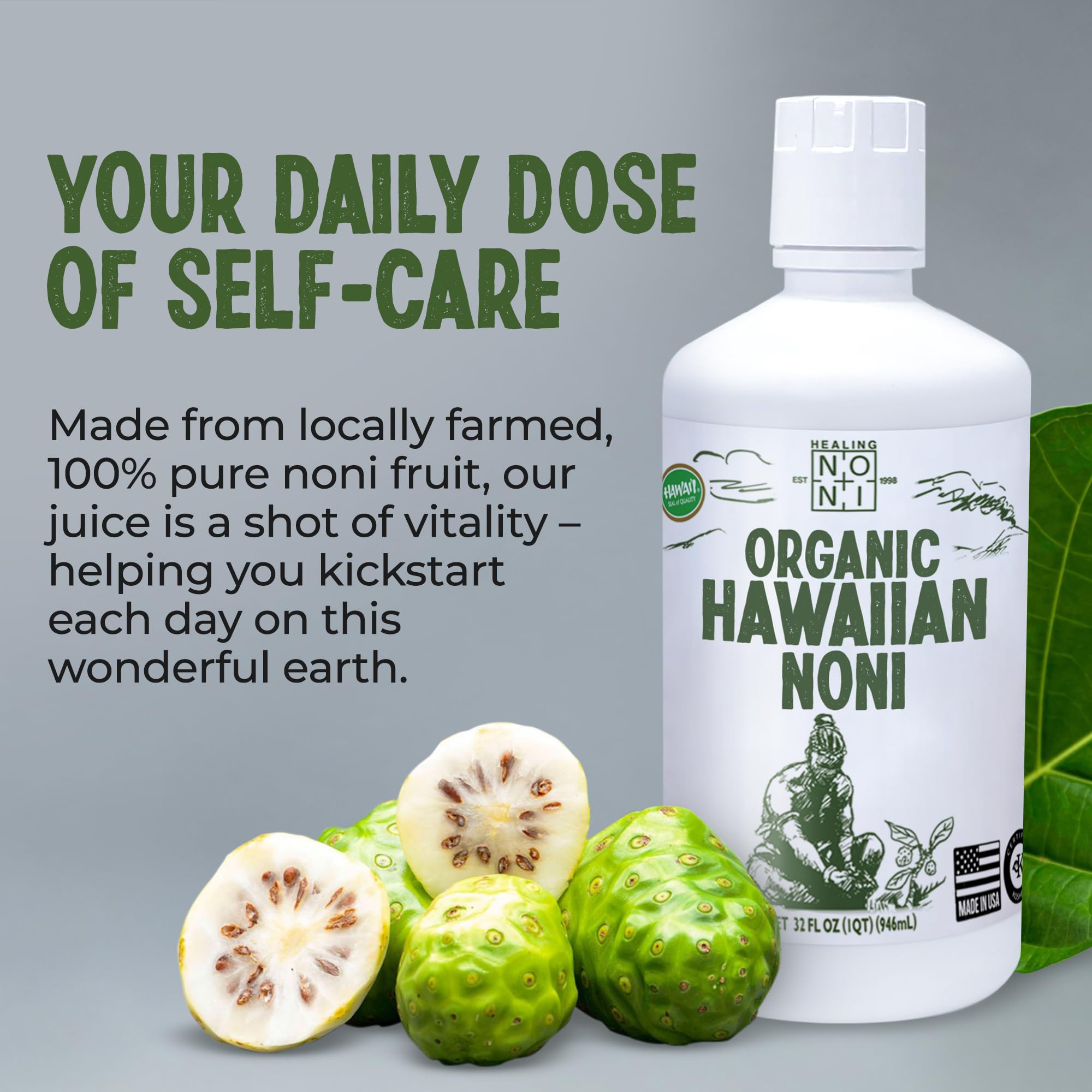 Healing Noni - 2-Pack Plastic Bottle 32oz - 100% Pure Hawaiian Organic Noni Juice - USDA Certified Organic