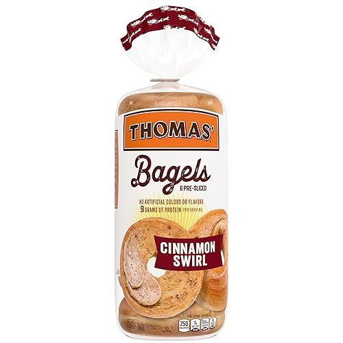 Thomas' Cinnamon Swirl Bagels, 6 count, (3.0 oz each), 9g Protein, Kosher Cinnamon Bagels, 18 oz Bag
