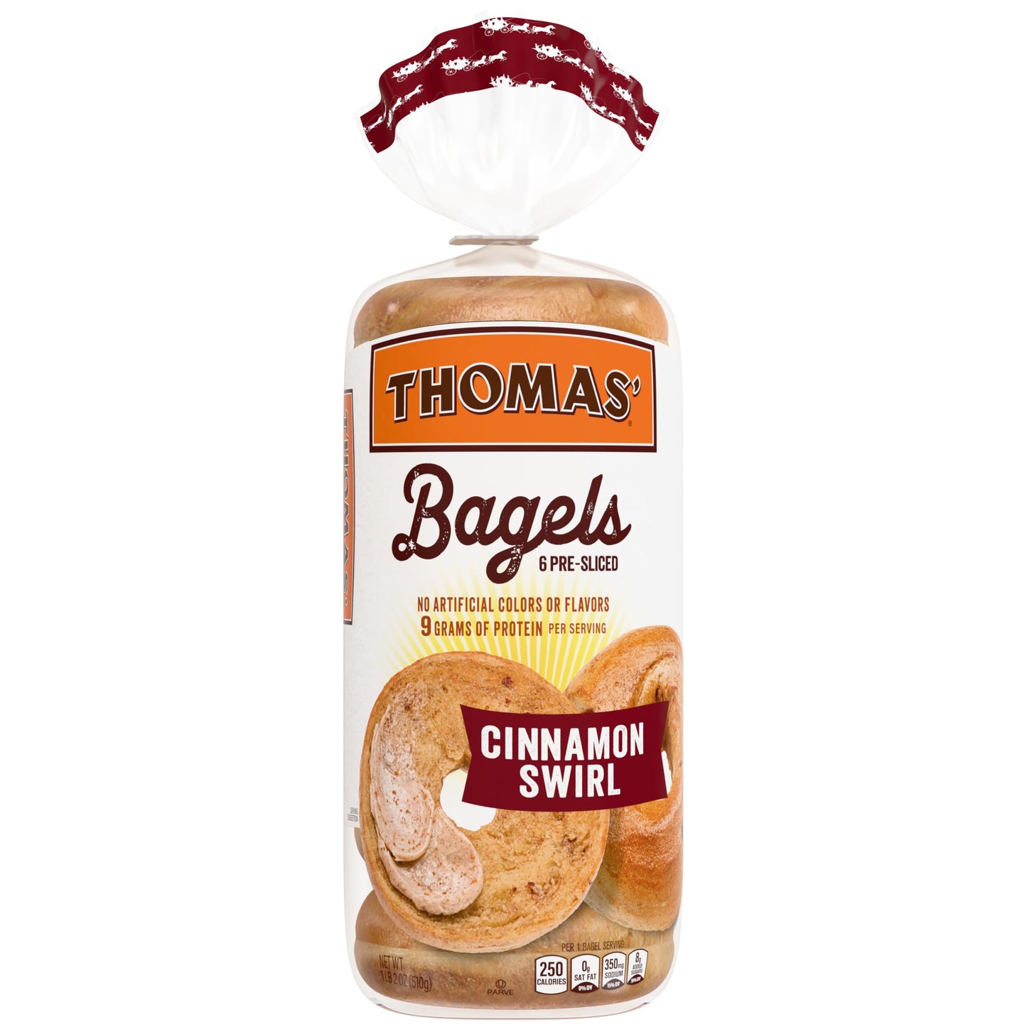 Thomas' Cinnamon Swirl Bagels, 6 count, (3.0 oz each), 9g Protein, Kosher Cinnamon Bagels, 18 oz Bag