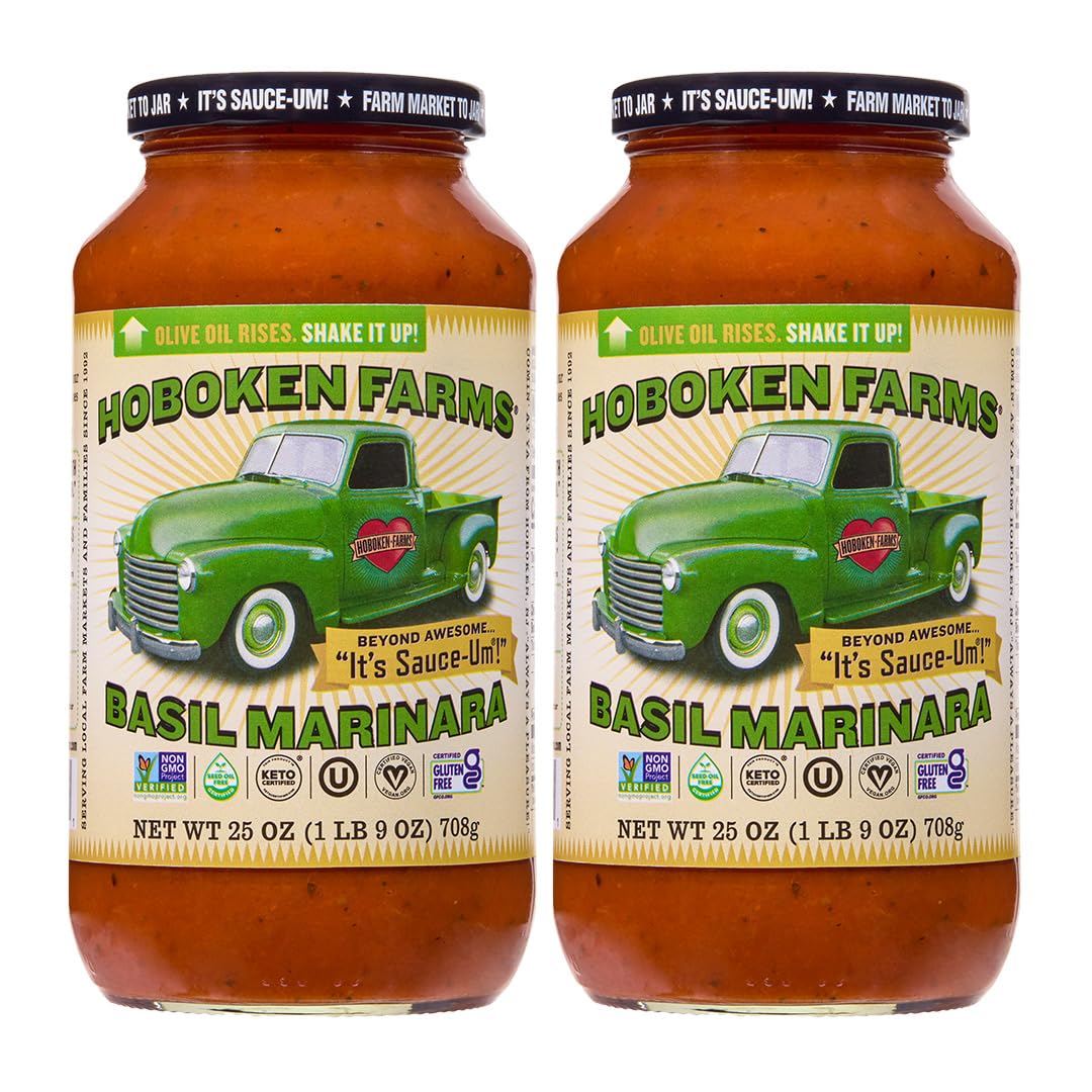 Hoboken Farms Basil Marinara Sauce - No Sugar Added, Non-GMO, Preservative-Free, Low Carb, Keto - Better For You Pasta Sauce! (25 Fl Oz, Pack of 2)