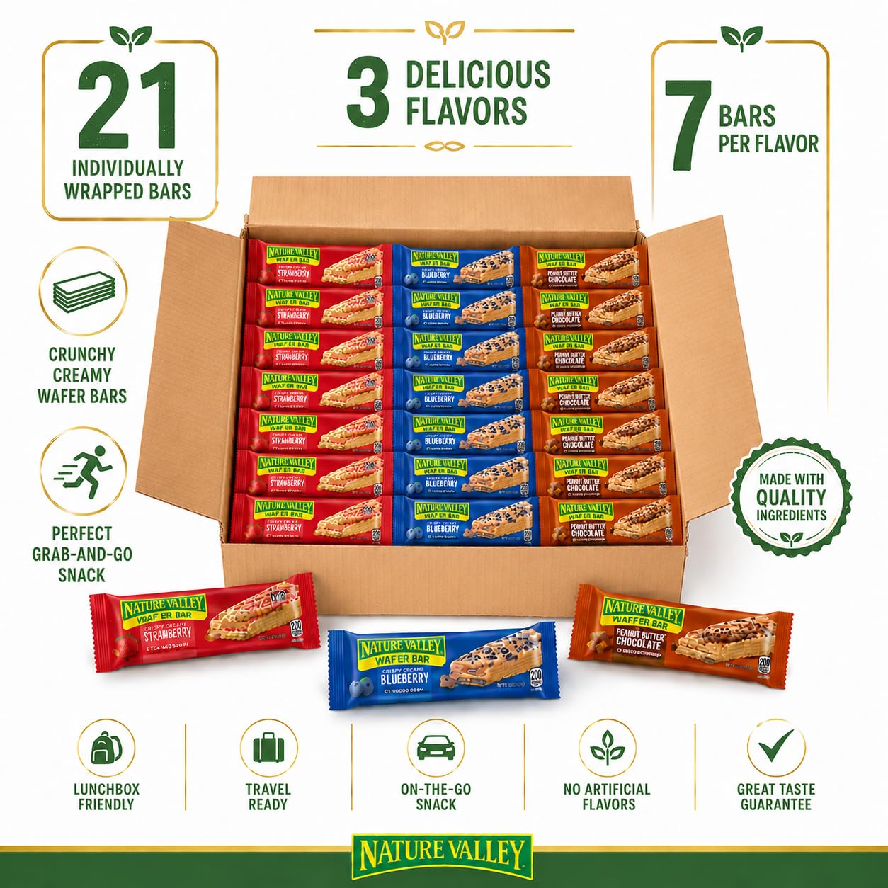 Nature Valley Variety Pack Granola Bars, 21 Count Snack Bars, Peanut Butter Chocolate, Strawberry & Blueberry Flavors, Crunchy Grab-and-Go Snack Bars