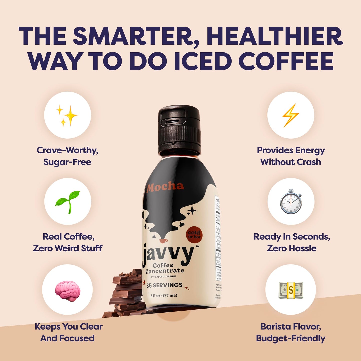 Javvy Cold Brew Coffee Concentrate Instant Coffee, Smooth Arabica Iced Coffee & Espresso Concentrate, 35 Servings, Mocha, 1 Pack