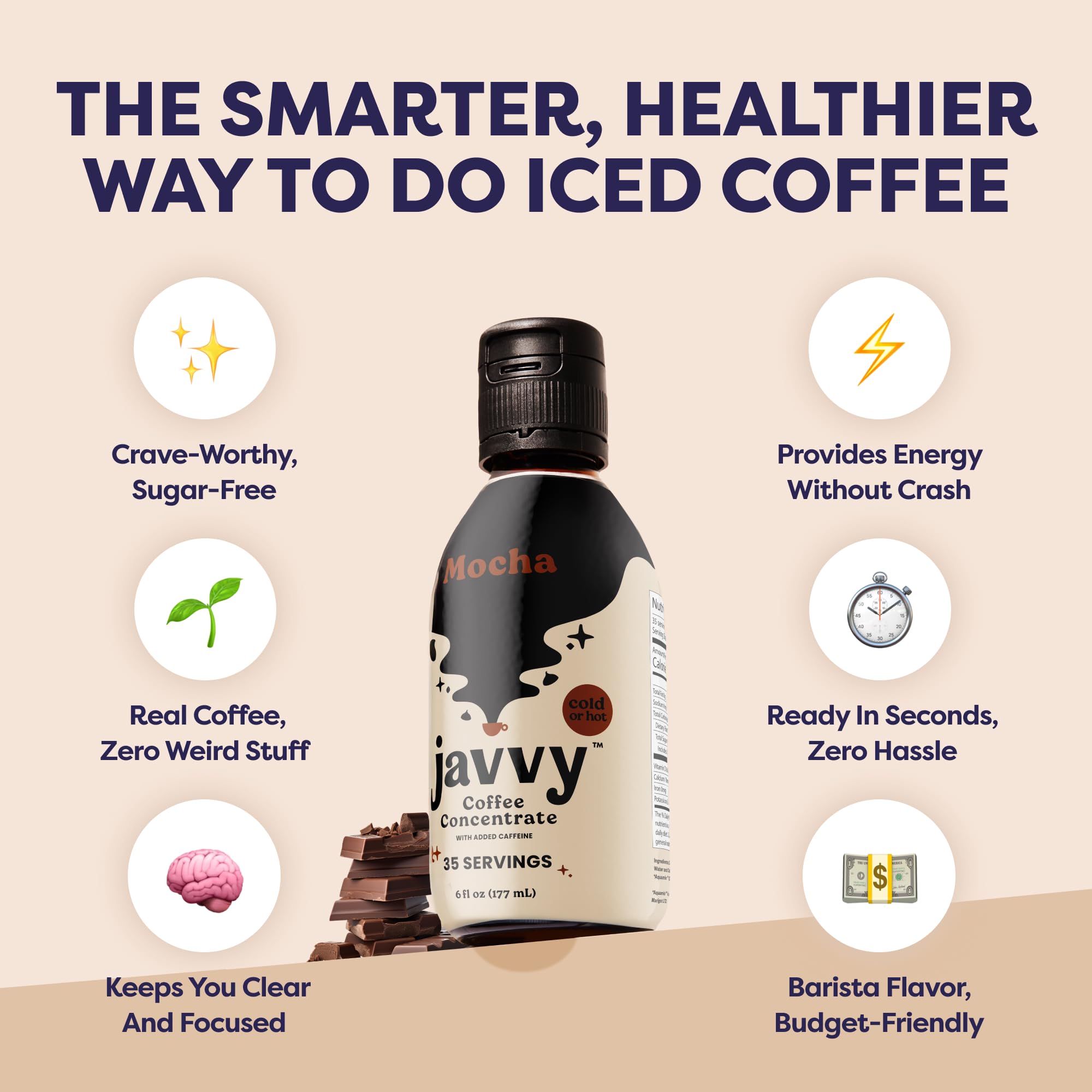 Javvy Cold Brew Coffee Concentrate Instant Coffee, Smooth Arabica Iced Coffee & Espresso Concentrate, 35 Servings, Mocha, 1 Pack