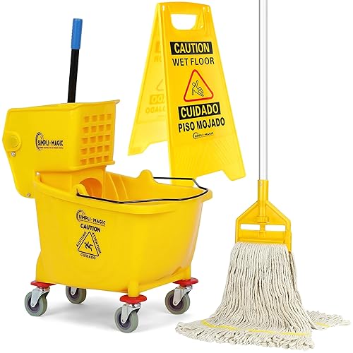 Simpli-Magic Side Press Wringer Combo Commercial Mop Bucket on Wheels, 35 Quart,Yellow, Including Wet Floor Caution Sign and Set, Polyethylene