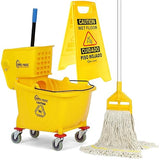 Simpli-Magic Side Press Wringer Combo Commercial Mop Bucket on Wheels, 35 Quart,Yellow, Including Wet Floor Caution Sign and Set, Polyethylene