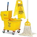 Simpli-Magic Side Press Wringer Combo Commercial Mop Bucket on Wheels, 35 Quart,Yellow, Including Wet Floor Caution Sign and Set, Polyethylene