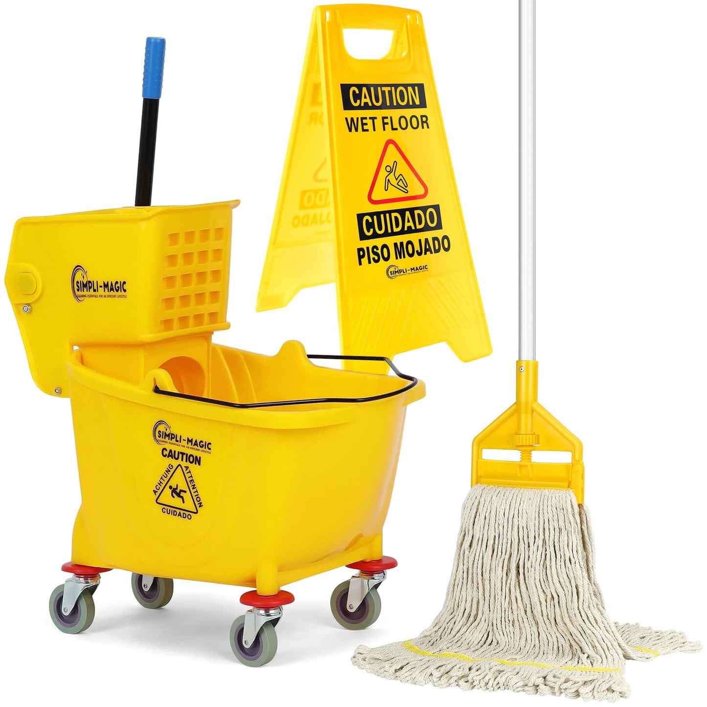 Simpli-Magic Side Press Wringer Combo Commercial Mop Bucket on Wheels, 35 Quart,Yellow, Including Wet Floor Caution Sign and Set, Polyethylene