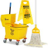 Simpli-Magic Side Press Wringer Combo Commercial Mop Bucket on Wheels, 35 Quart,Yellow, Including Wet Floor Caution Sign and Set, Polyethylene