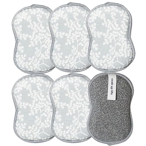 Bright Habits Sponge Set in Laurel Grey, 6 Pack Super Absorbent Washable Reusable Cleaning Sponges Made from Recycled Materials, Durable Eco Friendly