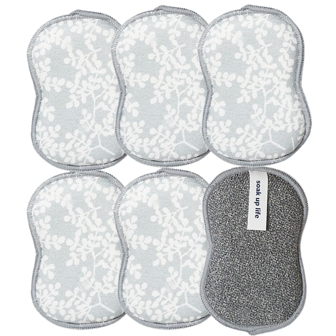 Bright Habits Sponge Set in Laurel Grey, 6 Pack Super Absorbent Washable Reusable Cleaning Sponges Made from Recycled Materials, Durable Eco Friendly