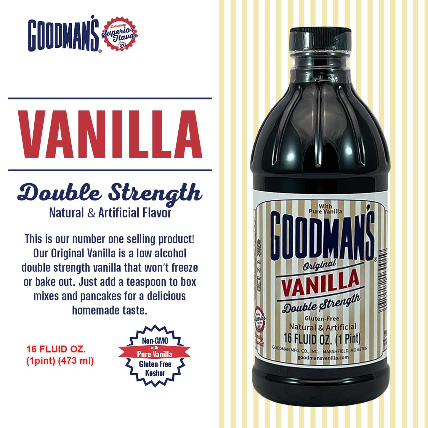 Goodman's Original Vanilla Double Strength - Gluten-Free, Non-GMO, Kosher, Low Carb & Low Calorie, a Blend of Artificial flavors with Pure Vanilla