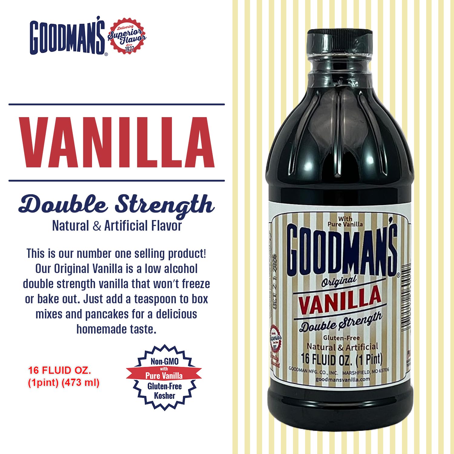 Goodman's Original Vanilla Double Strength - Gluten-Free, Non-GMO, Kosher, Low Carb & Low Calorie, a Blend of Artificial flavors with Pure Vanilla