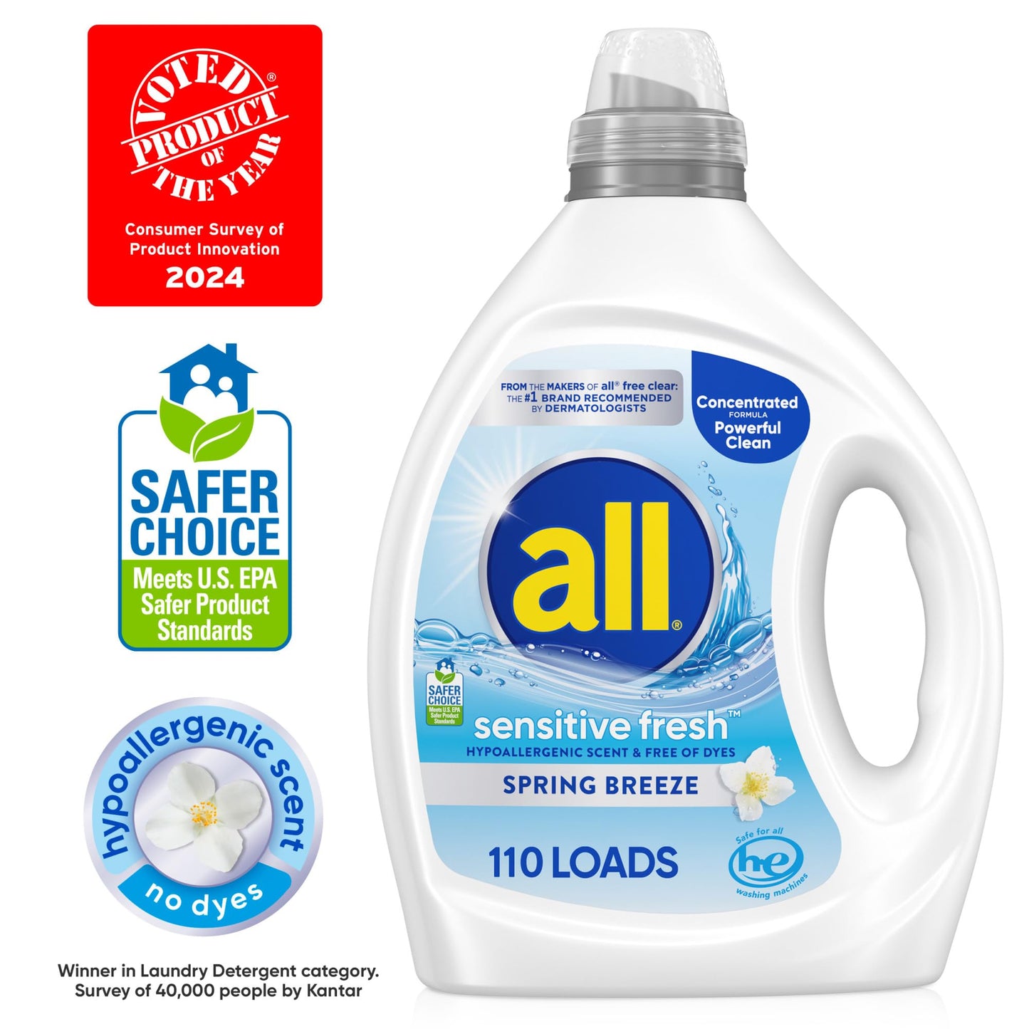 all sensitive fresh™, Spring Breeze, Scented Liquid Laundry Detergent for Sensitive Skin, Hypoallergenic, Free of Dyes, Concentrated, 82.5oz, 110