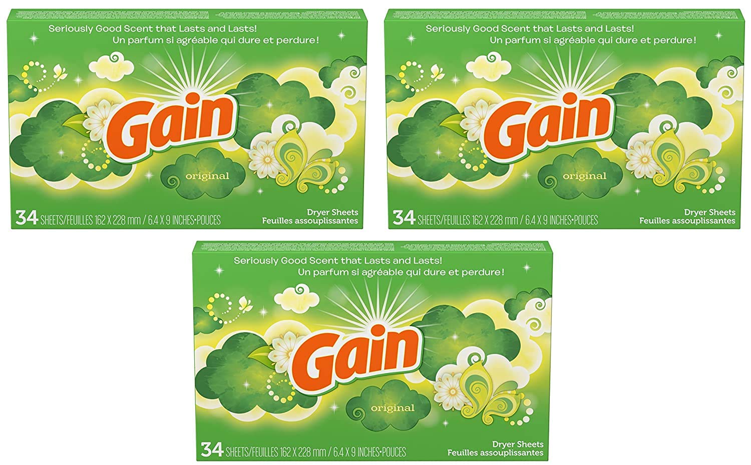 Gain Dryer Sheets - Original Scent - 34 Count Sheets Per Box - Pack of 3 Boxes