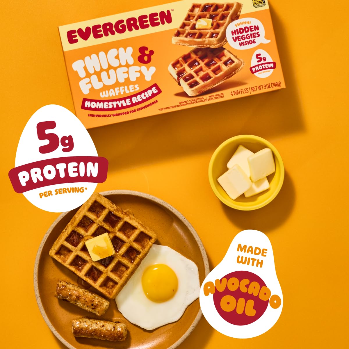 Evergreen Thick & Fluffy Waffles, Homestyle Recipe - Whole Grains, No Preservatives, Nut-Free, Individually Wrapped, Air Fryer Ready, Frozen