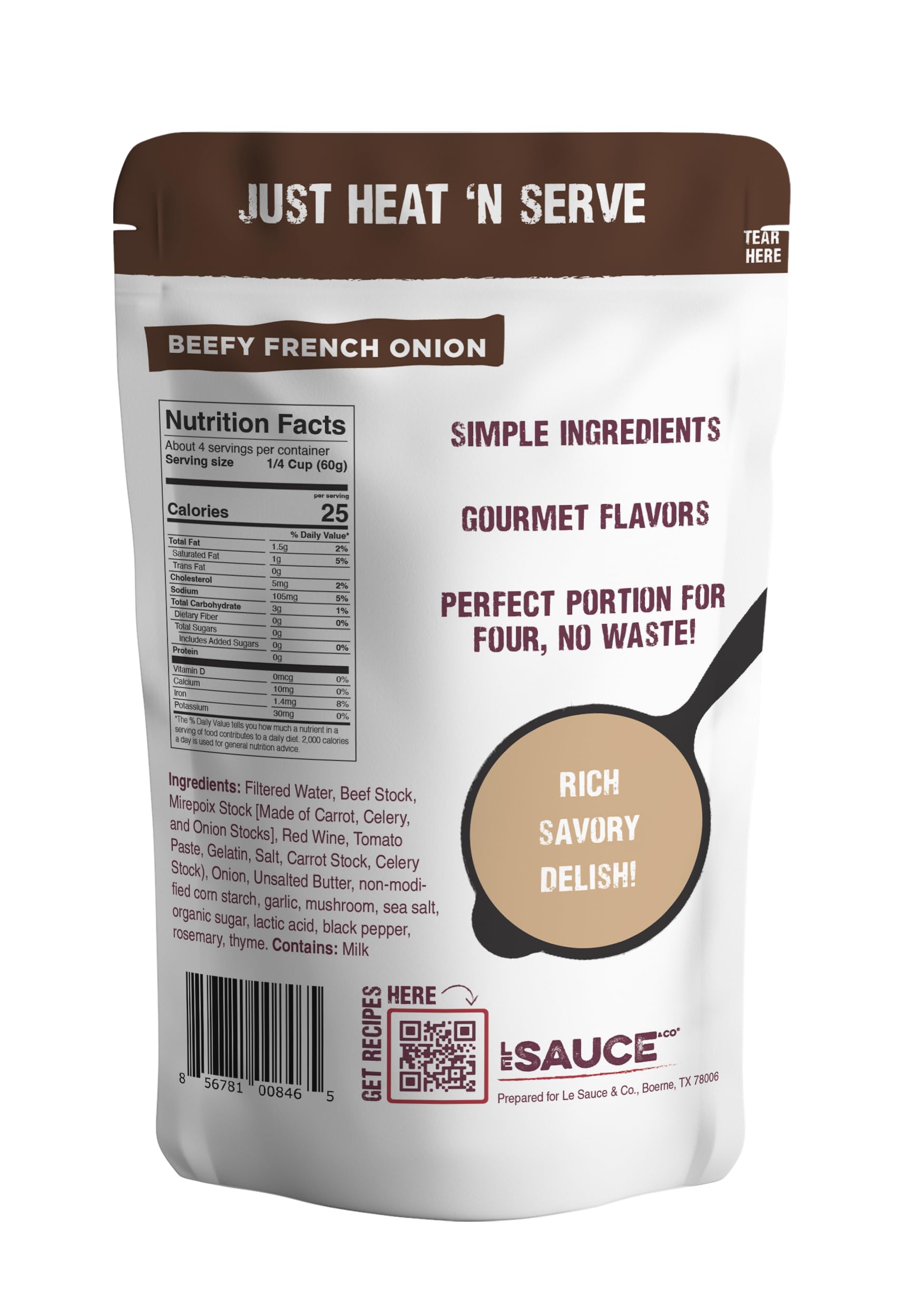 Le Sauce & Co. 4 serving Beefy French Onion Gourmet Gravy - Steak Sauce, Chicken Sauce, Dressing, Meats Prepared Foods, Pre-made Sauce for Chicken or