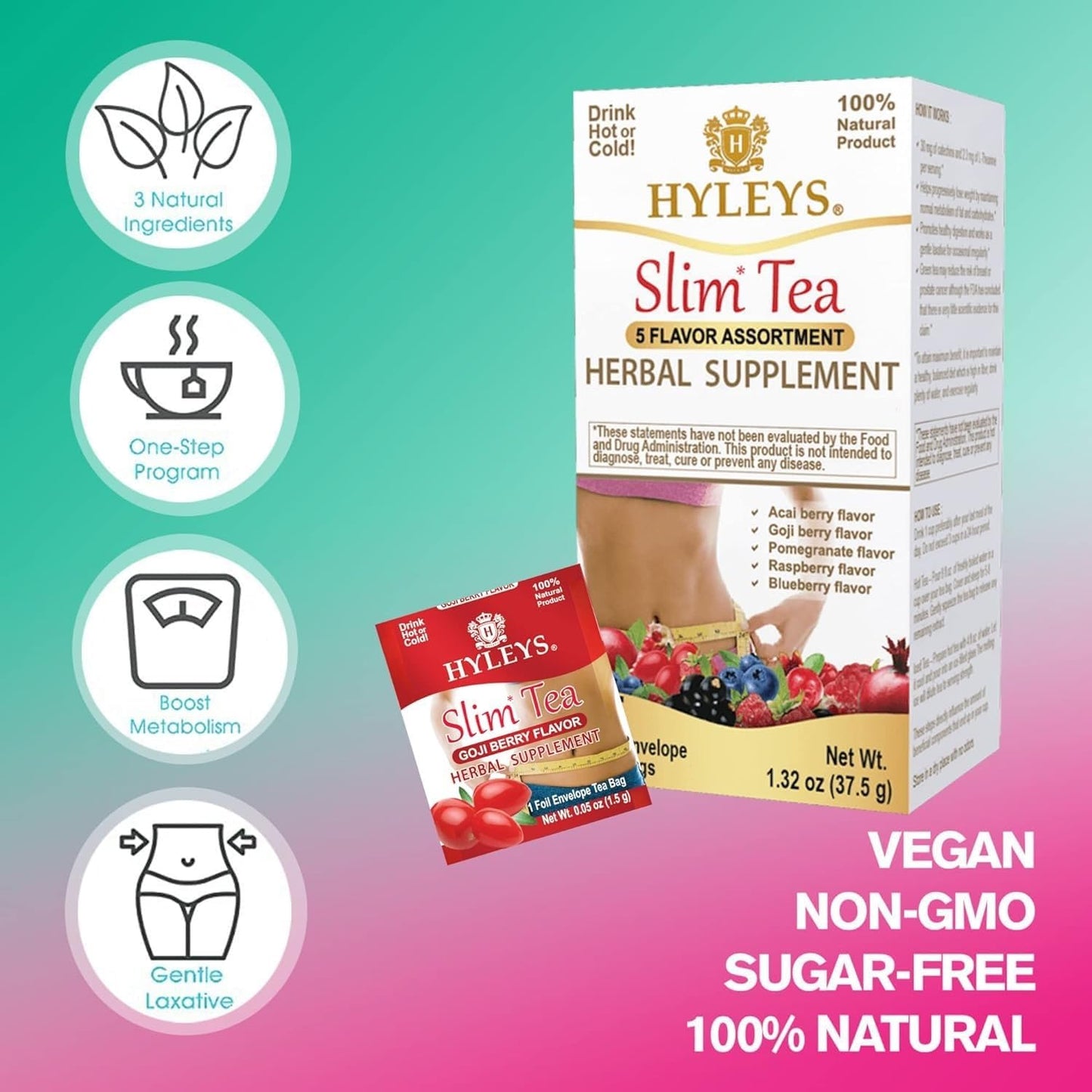 Hyleys Slim Tea Variety Pack - 6 Flavors Including 5 Flavor Assortment, Pomegranate, Mango, Goji Berry, Acai Berry, and Pineapple - 150 Tea Bags