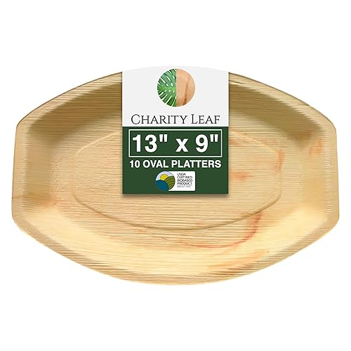 Charity Leaf Disposable Palm Leaf 13" x 9" Trays (10 pieces) Bamboo Like Serving Platters, Disposable Boards, Eco-Friendly Dinnerware For Weddings