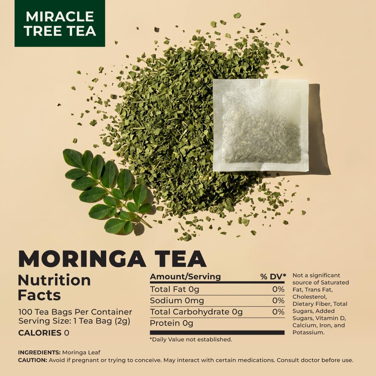 Gya Tea Co Moringa Tea (100 Bags) - Caffeine Free Natural Herbal Tea for Energy, Digestion - Made with Miracle Tree Moringa Leaves - Non-GMO, No