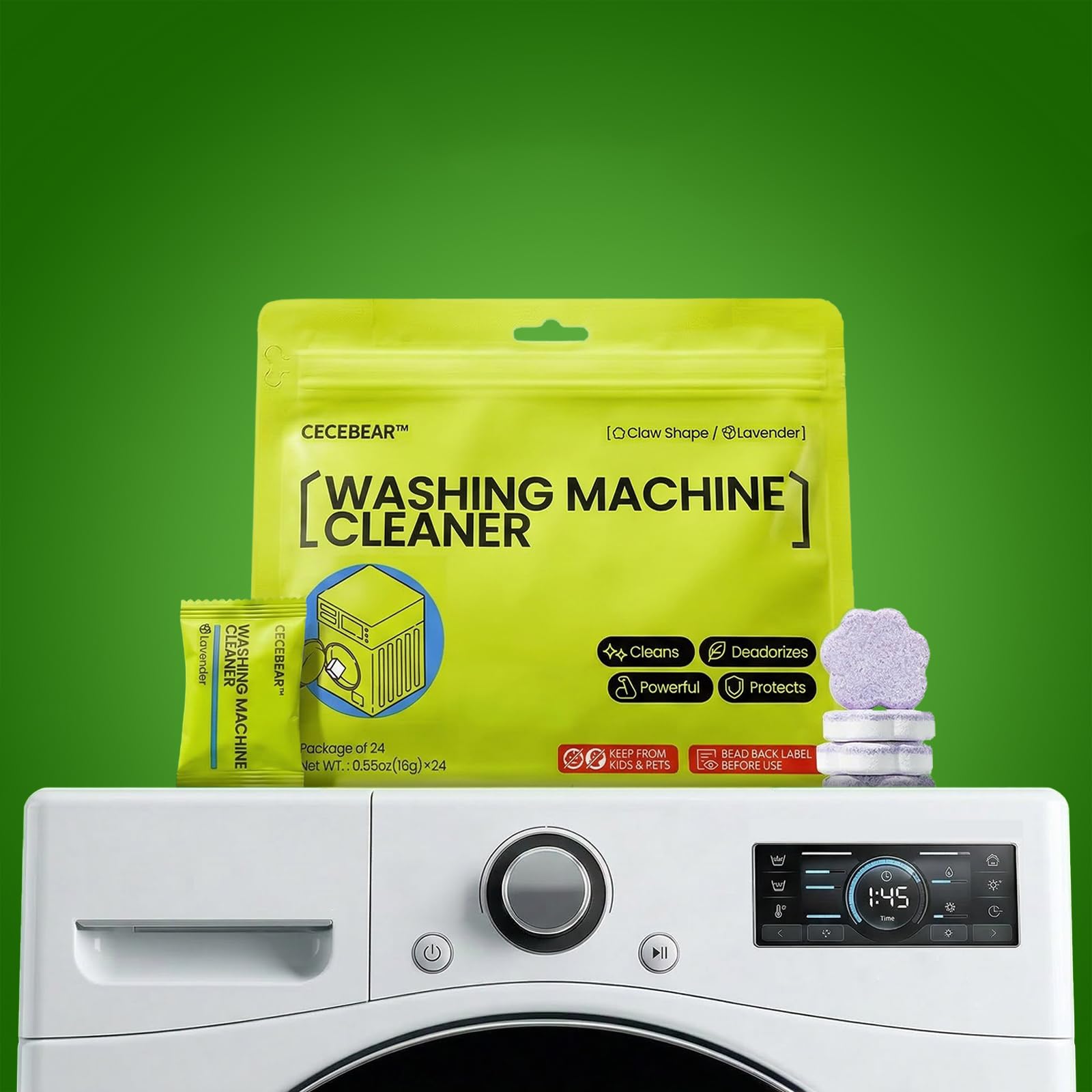 CECEBEAR Washing Machine Cleaner Tablets 24 Count, Lavender Scent High Foaming Washer Deodorizer, 3-in-1 Clean Fresh Maintain for Front Load & Top