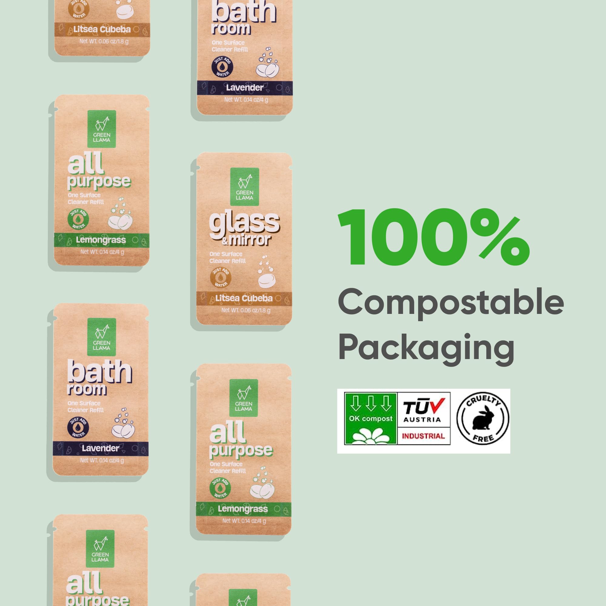 Green Llama Eco-Friendly Cleaning Refill Tablets Variety Pack - Multi-Surface, Glass & Bathroom Cleaners with Natural Essential Oils in Compostable