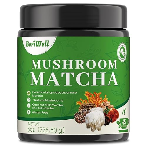 Mushroom Matcha Powder, Japanese Ceremonial Matcha Infused With 7 Superfood Mushrooms, MCT Oil, Coconut Milk Powder, Natural, Gluten Free, Taste Great