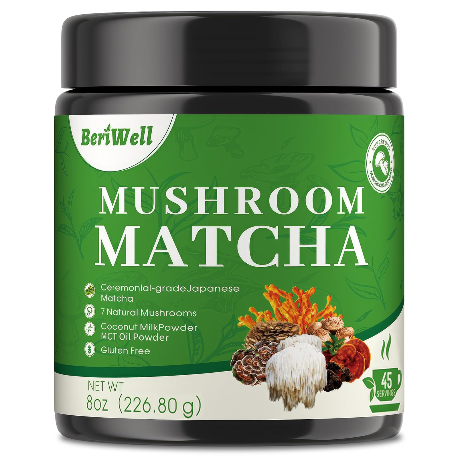 Mushroom Matcha Powder, Japanese Ceremonial Matcha Infused With 7 Superfood Mushrooms, MCT Oil, Coconut Milk Powder, Natural, Gluten Free, Taste Great