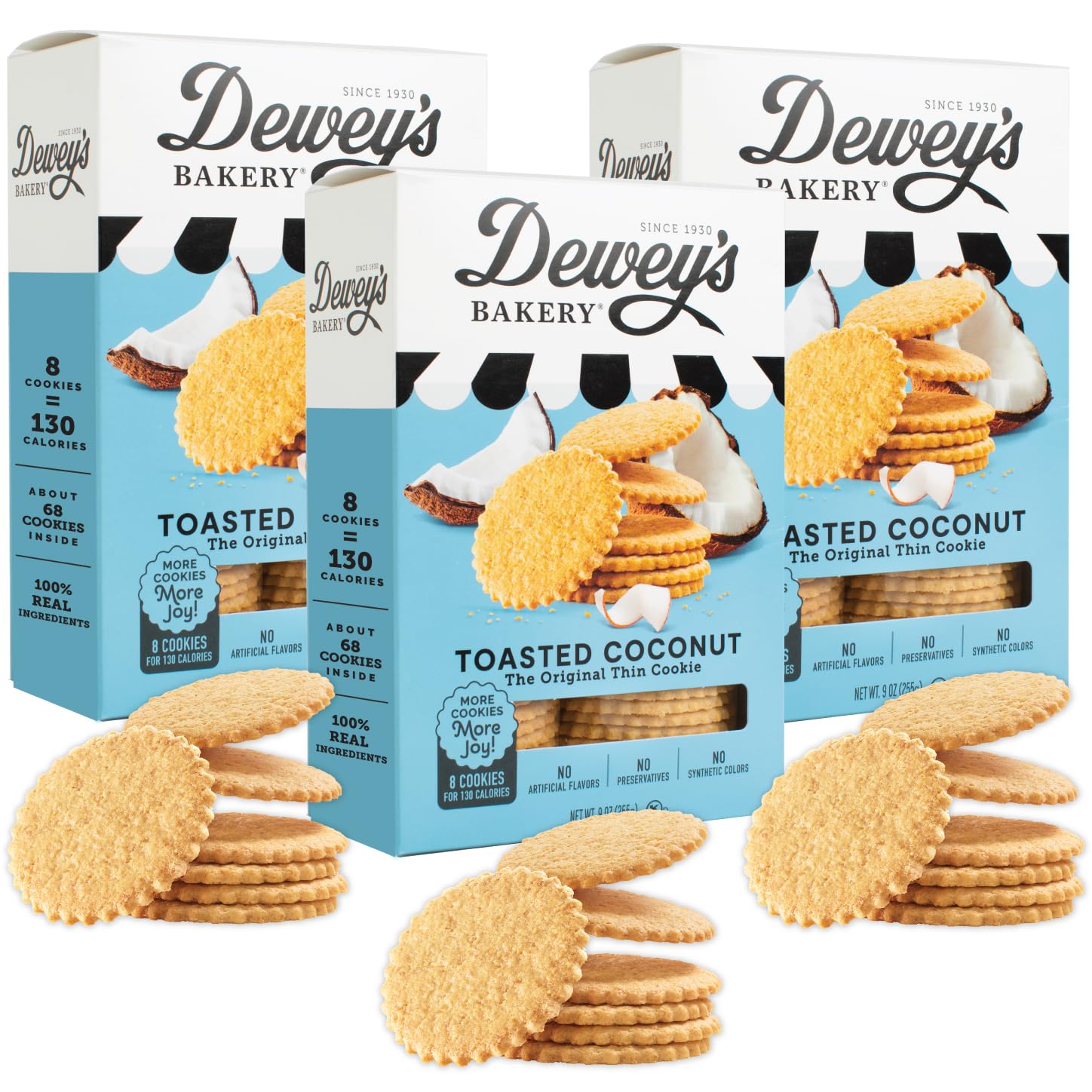 Dewey's Bakery Toasted Coconut Moravian Cookie Thins, Bakery Fresh with Real Simple Ingredients, Low Calorie Snack, No Artificial Flavors, Synthetic