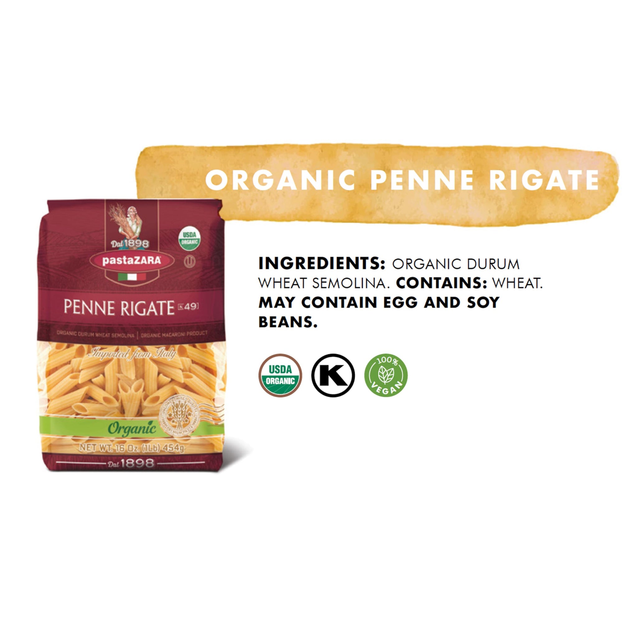 PASTA ZARA - Penne Rigate - Organic - 100% Italian Pasta, Made with Durum Wheat Semolina Flour, Non GMO, Kosher (1 LB. BAG) - Consistently al Dente.