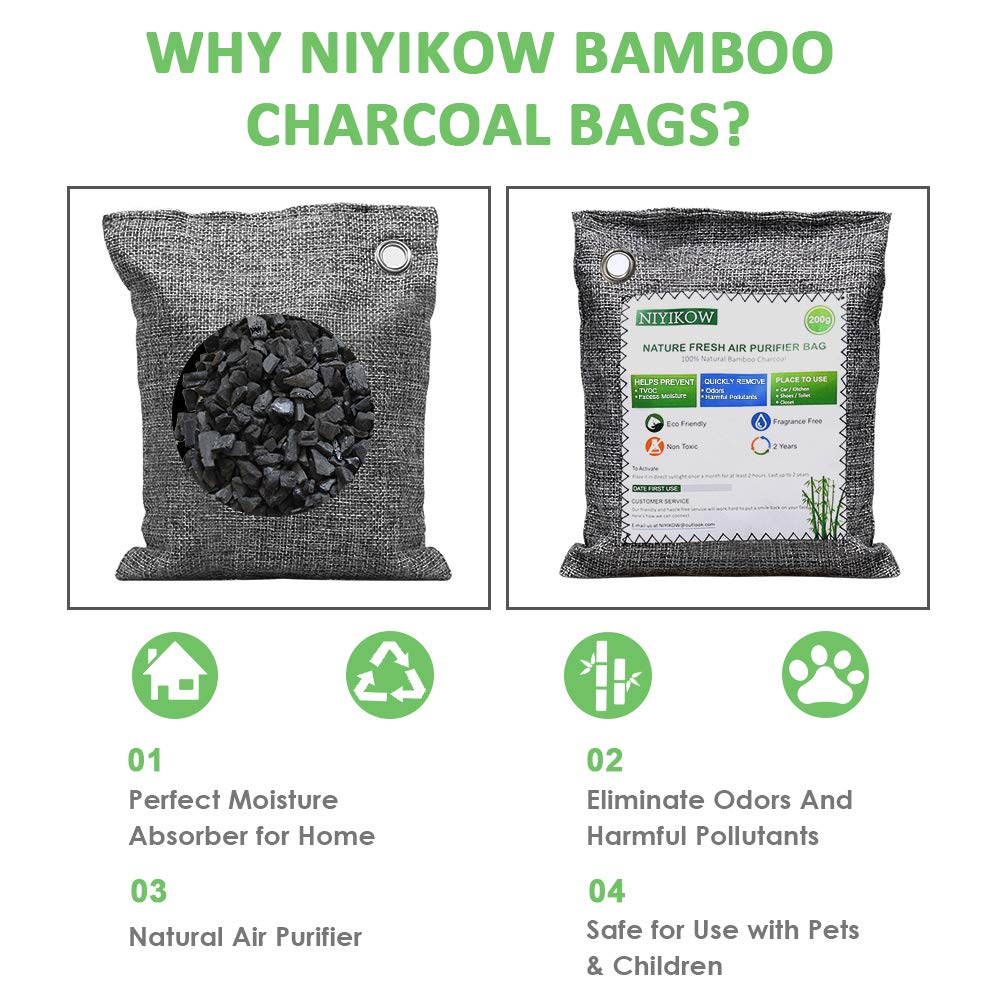 NIYIKOW Charcoal Bags Odor Absorber (Large, 4Pack x 200g), Nature Fresh Bamboo Charcoal Air Purifying Bags, Activated Charcoal Odor Absorber for Home