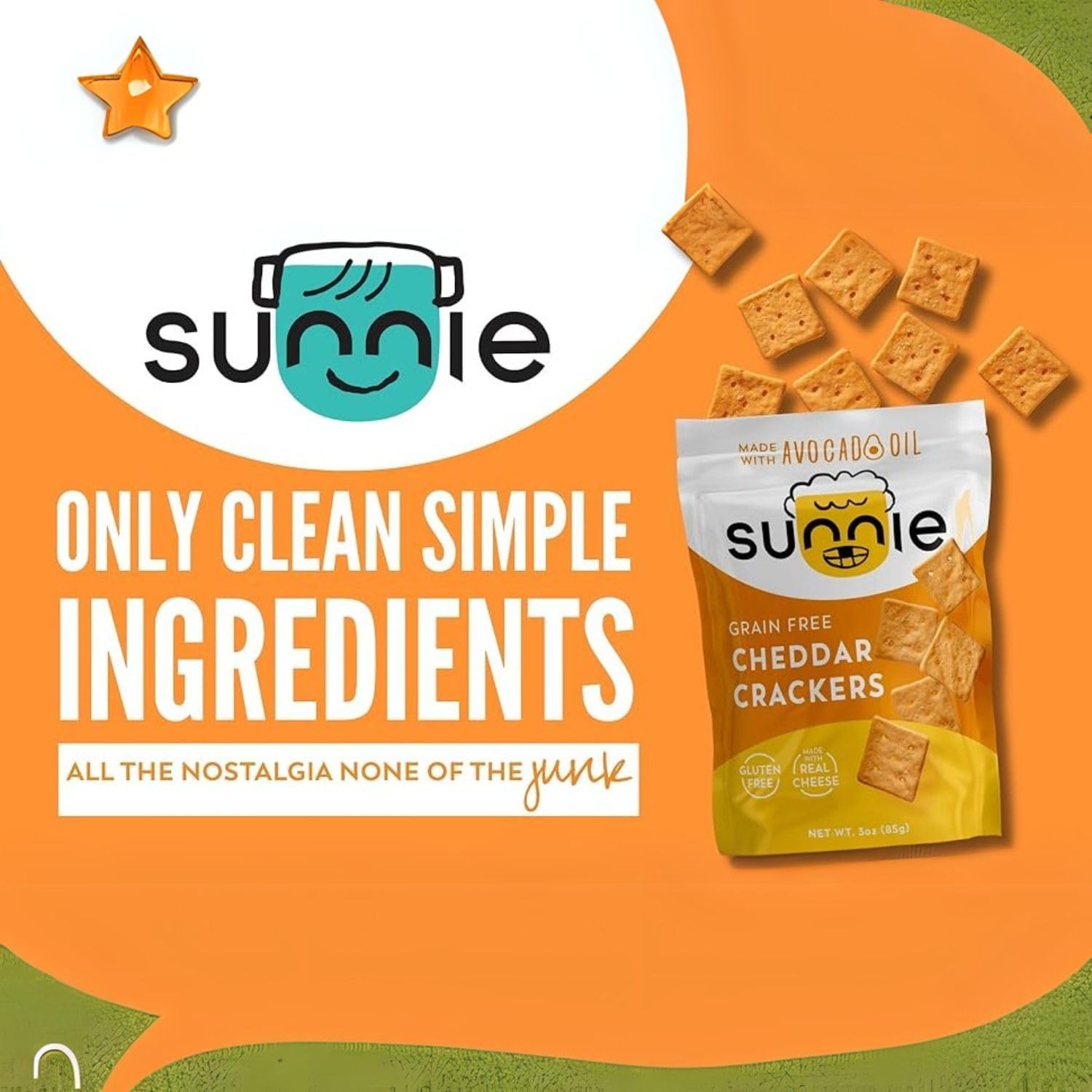 Sunnie Gluten Free Cheddar Crackers, Healthy Grain-Free Cracker Made with Real Cheese, Snacks for Kids & Adults, Made with Avocado Oil, Low Calorie