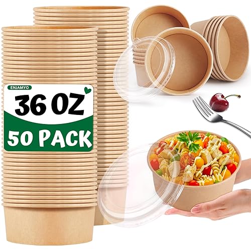 Enjamyo 36Oz Large Paper Bowls with Lids,50 Pcs Disposable Soup Bowls Bulk,Kraft Paper Salad Bowl,Round Bowls,Heavy Duty Soup Serving Bowls
