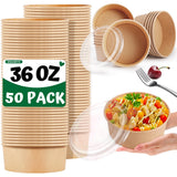 Enjamyo 36Oz Large Paper Bowls with Lids,50 Pcs Disposable Soup Bowls Bulk,Kraft Paper Salad Bowl,Round Bowls,Heavy Duty Soup Serving Bowls