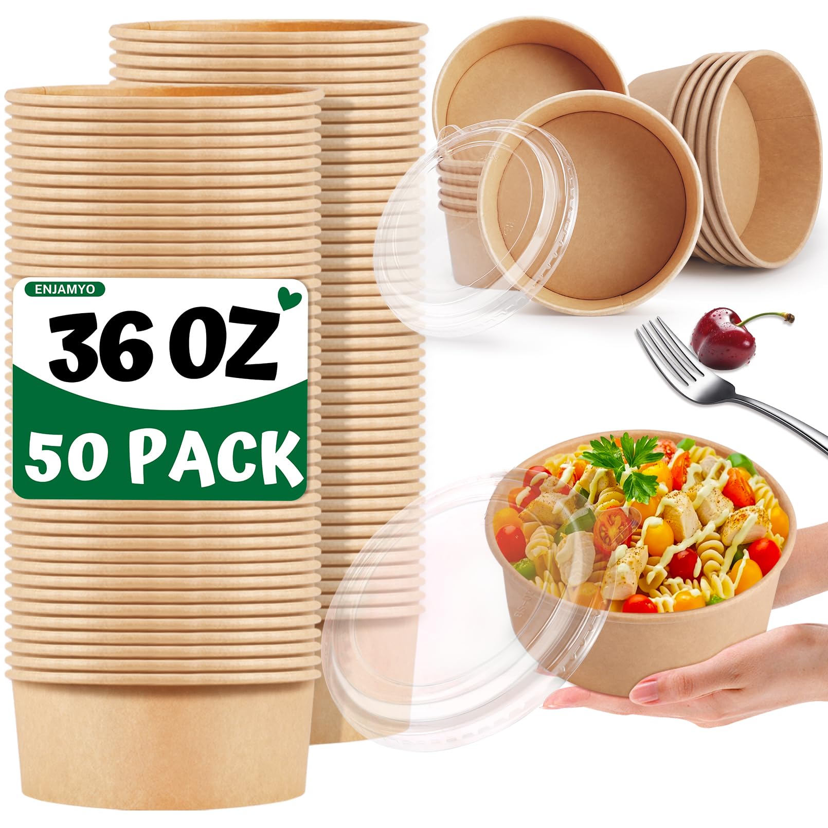 Enjamyo 36Oz Large Paper Bowls with Lids,50 Pcs Disposable Soup Bowls Bulk,Kraft Paper Salad Bowl,Round Bowls,Heavy Duty Soup Serving Bowls