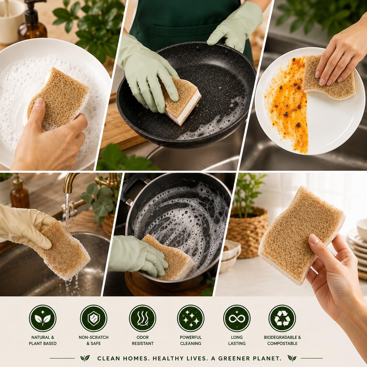 Natural Brown Cellulose Kitchen Sponges, 12 Pack - Plant-Based Coconut Dish Sponge, Non-Scratch Scrubber, Compostable & Biodegradable Eco-Friendly