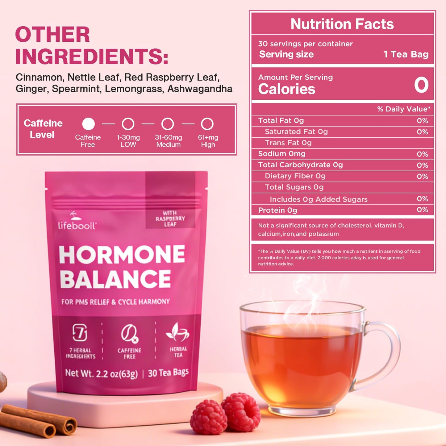 Lifebooil Hormone Balance Tea for Women | Caffeine-Free Herbal Tea with 7 Herbal Ingredients (Red Raspberry Leaf, Spearmint, Nettle, Ginger & More) |