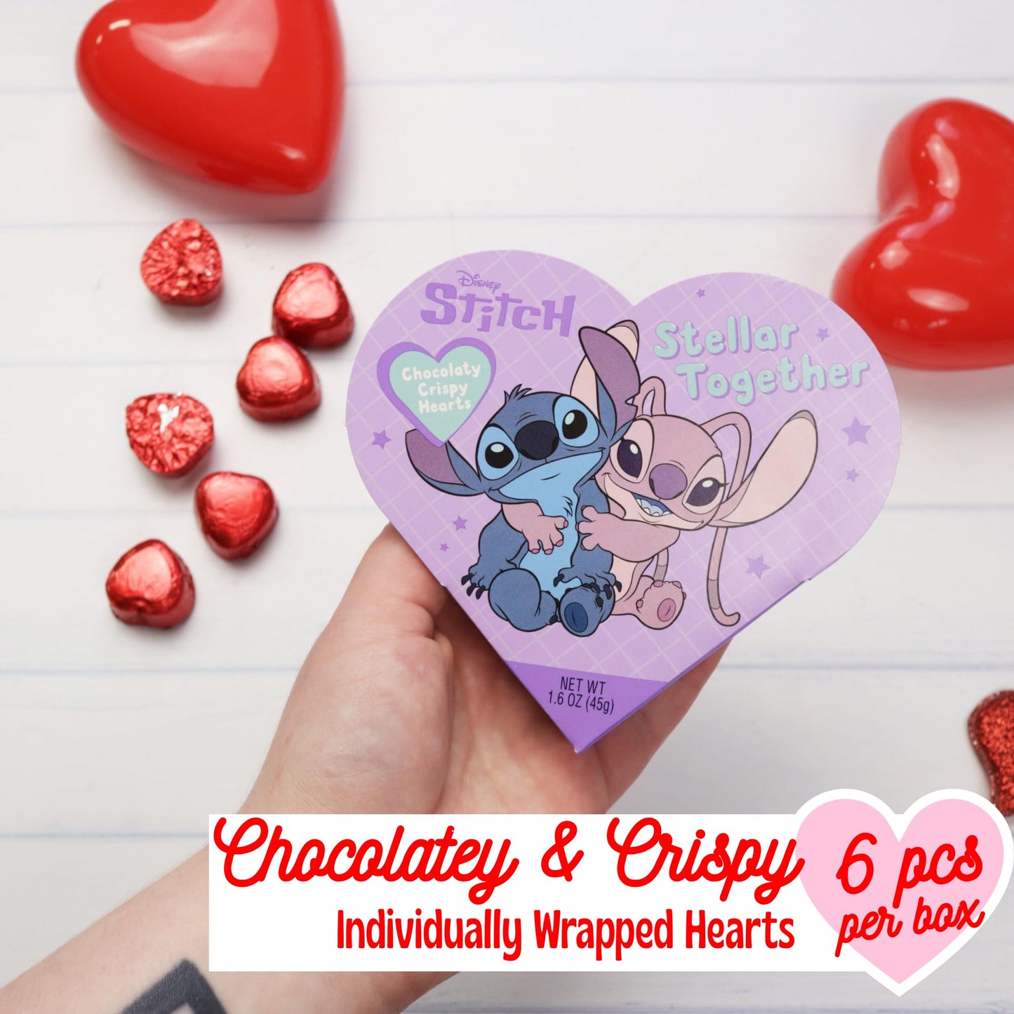 Disney Mickey, Minnie and Stitch Mini Heart Boxes with Chocolatey Candies, Valentines Candy Gift Set, 1.6 Ounces Each, Pack of 4