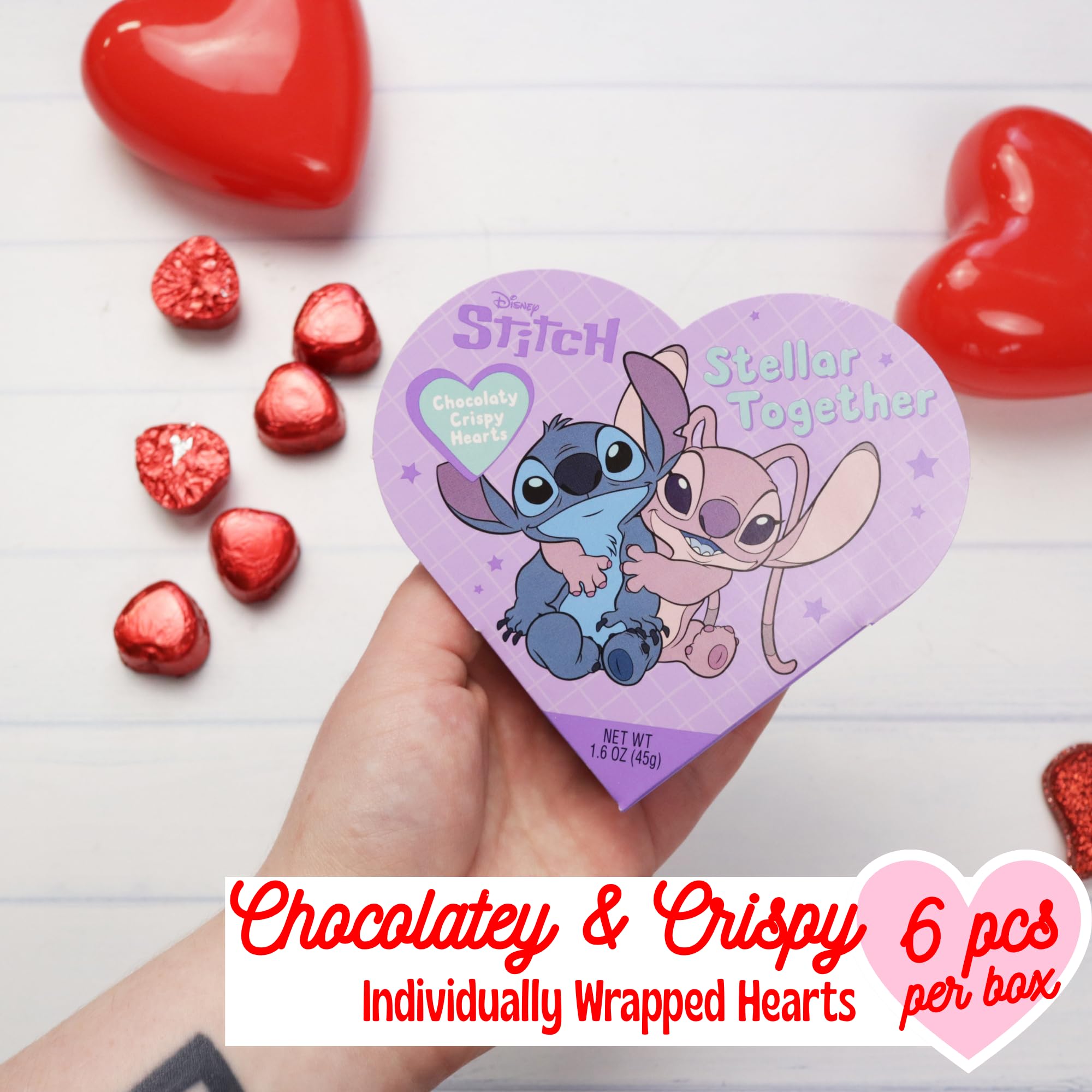 Disney Mickey, Minnie and Stitch Mini Heart Boxes with Chocolatey Candies, Valentines Candy Gift Set, 1.6 Ounces Each, Pack of 4