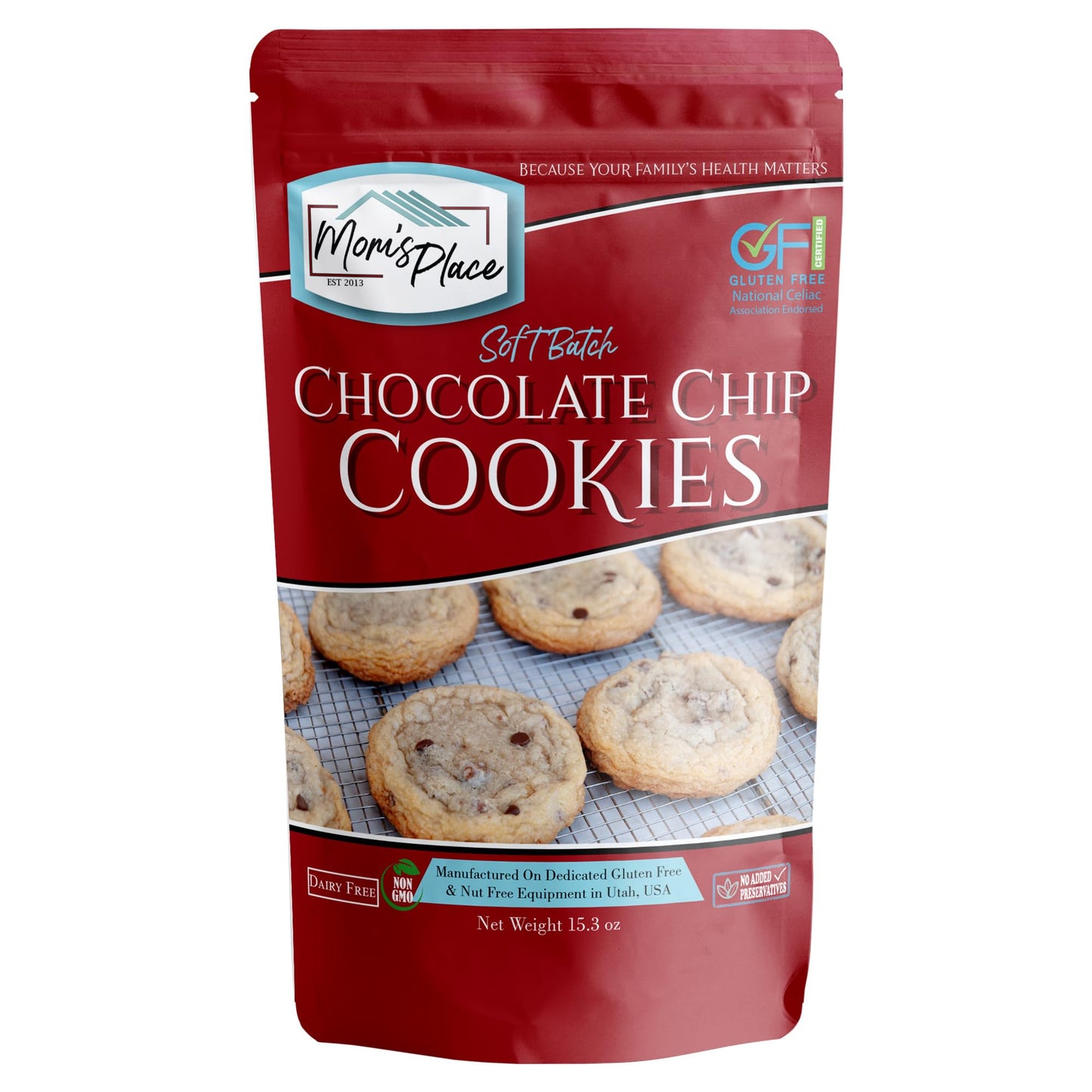 Mom's Place Gluten-Free Chocolate Chip Cookie Mix, Dessert Baking, Easy to Make, Nut, Dairy & Corn Free, 24 Servings, 17.4 oz