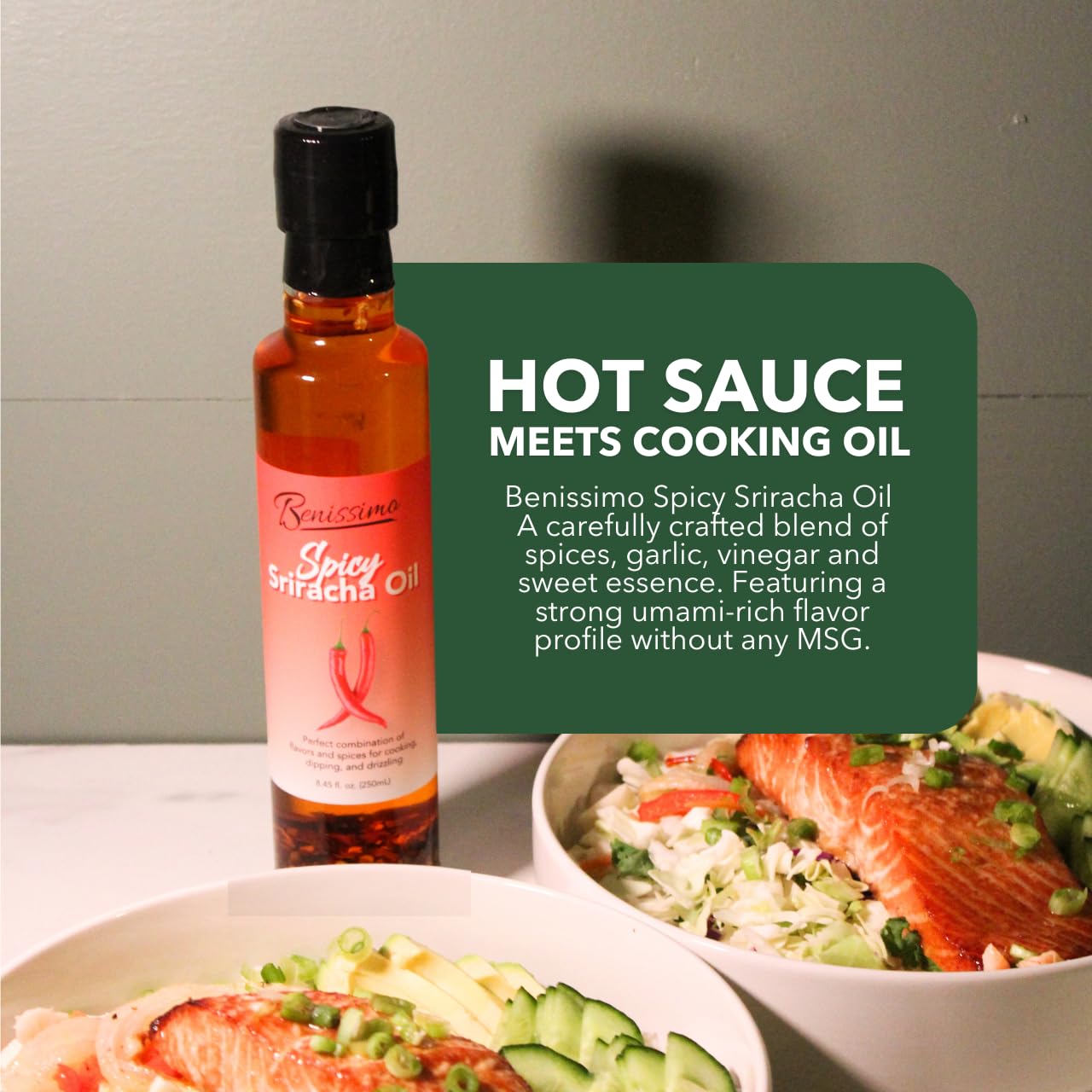 Benissimo Spicy Sriracha Infused Oil - Chili & Garlic Herb Oil, Vegan All Natural Cooking Oil for Stir Fry, Sautéing & Drizzling, Medium Heat, 8.45 fl