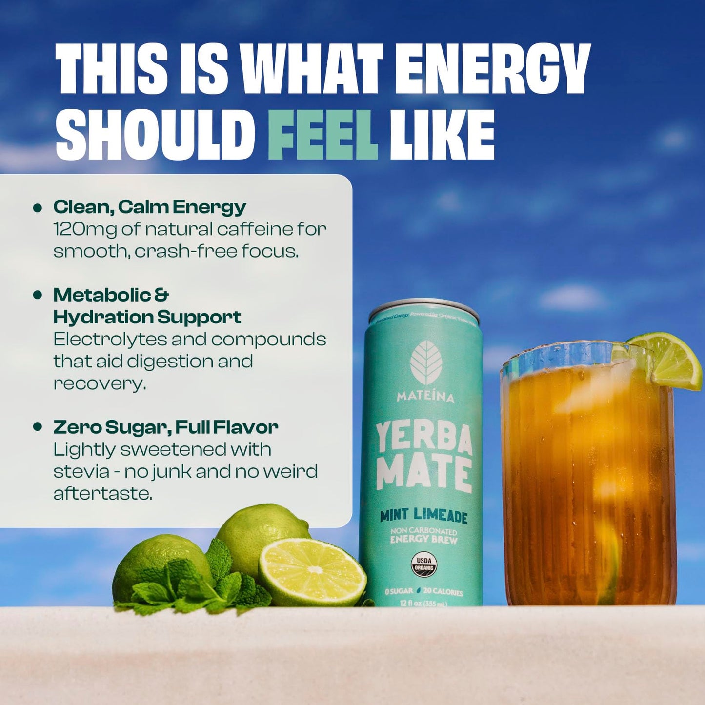 Mateina Yerba Mate Zero Sugar Energy Drink - 120mg Natural Caffeine - Organic, Non-GMO, Non-Carbonated - Dr. Andrew Huberman Recommended - (12 fl oz