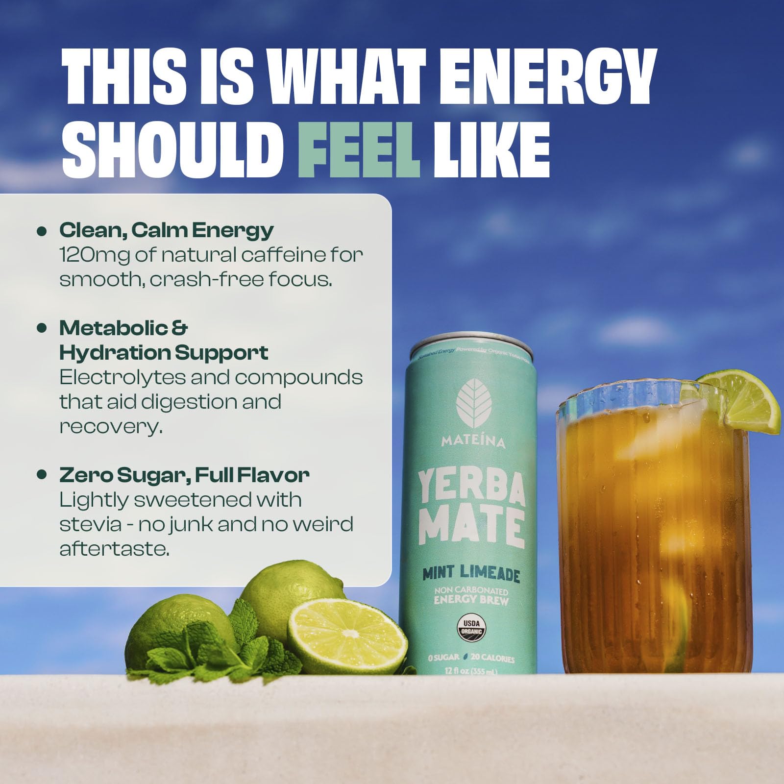 Mateina Yerba Mate Zero Sugar Energy Drink - 120mg Natural Caffeine - Organic, Non-GMO, Non-Carbonated - Dr. Andrew Huberman Recommended - (12 fl oz